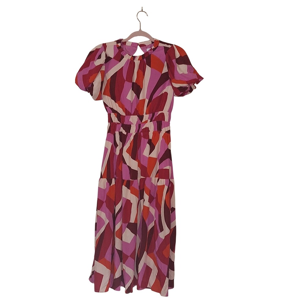 THML Pink Orange Abstract Geometric Tiered Puff Sleeve Cutout Back Midi Dress XS